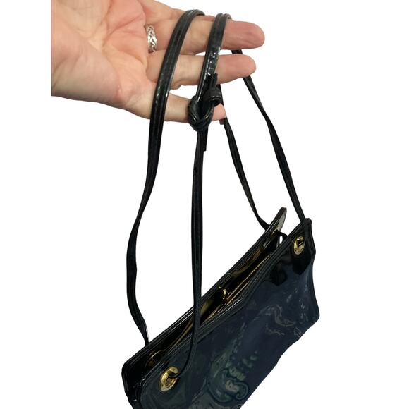 Mid Century Handbag Black Patent Double KISS Lock - Picture 3 of 11